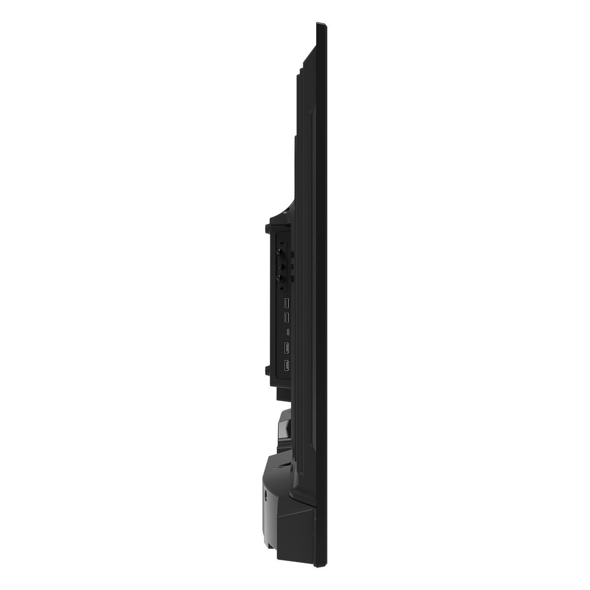 Side profile of a slim black ViewSonic ViewBoard 43′’ 4K Ultra HD Commercial Display showing the panel of ports on the rear.