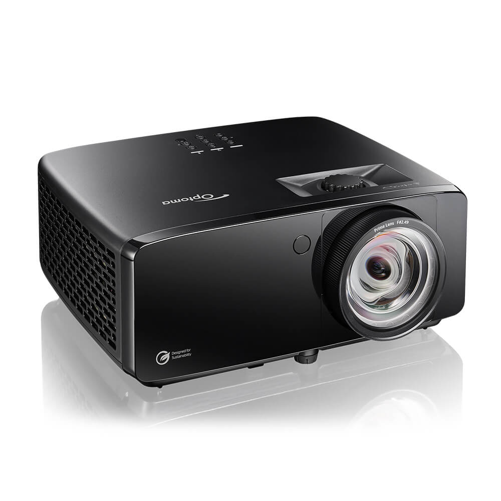 Black Optoma Golf Sim ZK521ST-B True 4K UHD Short Throw 5,000 Lumens Laser Projector with a front-facing lens and top-mounted control buttons.