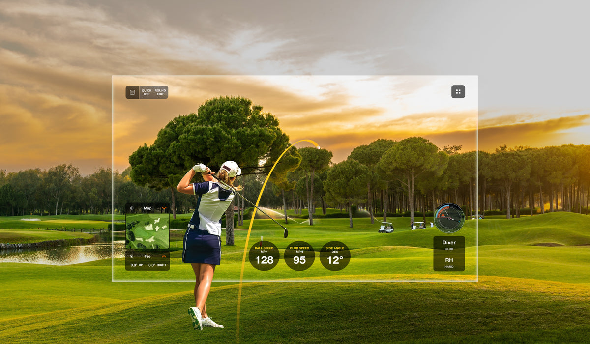 A golfer on a course viewed through an Optoma Golf Sim ZK521ST-B True 4K UHD Short Throw 5,000 Lumens Laser Projector, with an augmented reality overlay displaying ball speed, club speed, angle, and a shot trajectory arc.