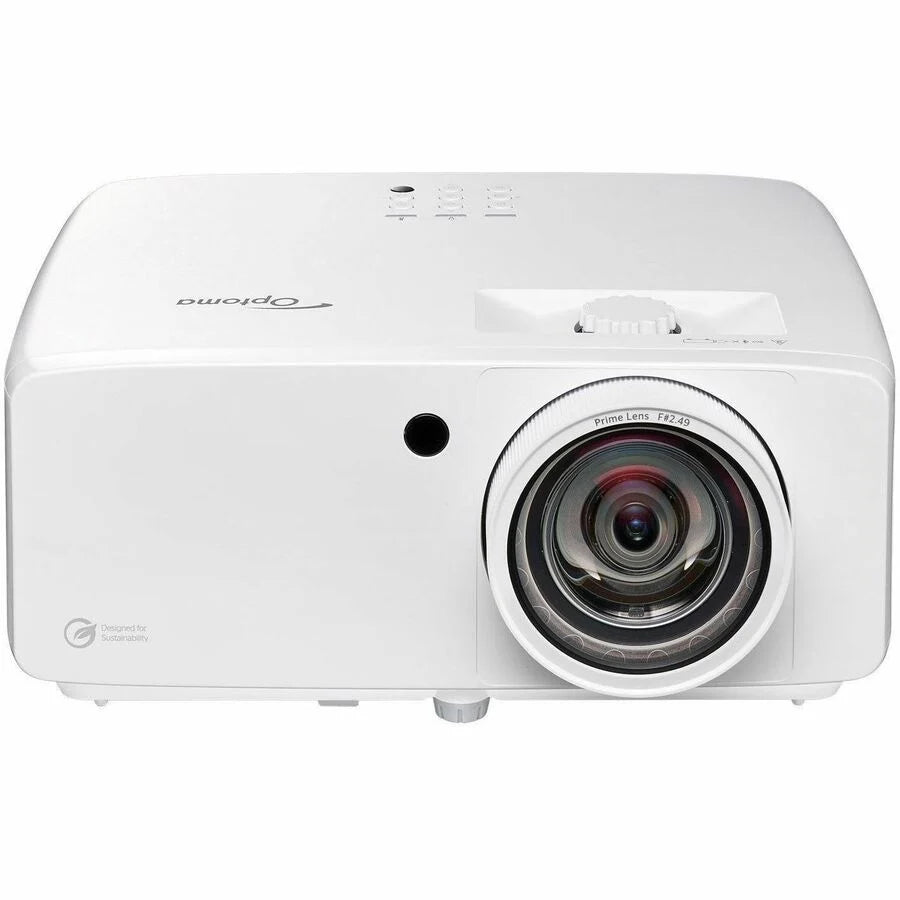 White Optoma Golf Sim ZK521ST-B True 4K UHD Short Throw 5,000 Lumens Laser Projector with a large front-facing lens and top-mounted control buttons.