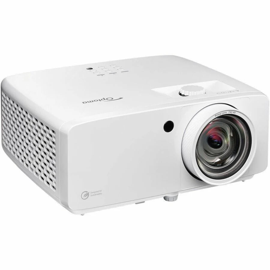 White Optoma Golf Sim ZK521ST-B True 4K UHD Short Throw 5,000 Lumens Laser Projector with a large front lens, side ventilation grilles, and top-mounted control buttons.