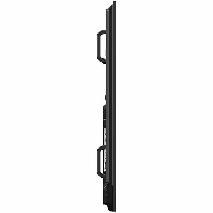 Side view of a slim Sharp 50″ 4K UHD Professional Display featuring two black handles mounted on the back.