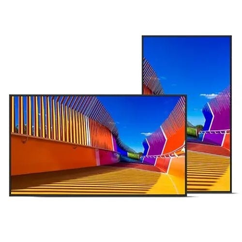 Two Sharp 50″ 4K UHD Professional Display units show a colorful bridge, with one monitor positioned horizontally and the other vertically.
