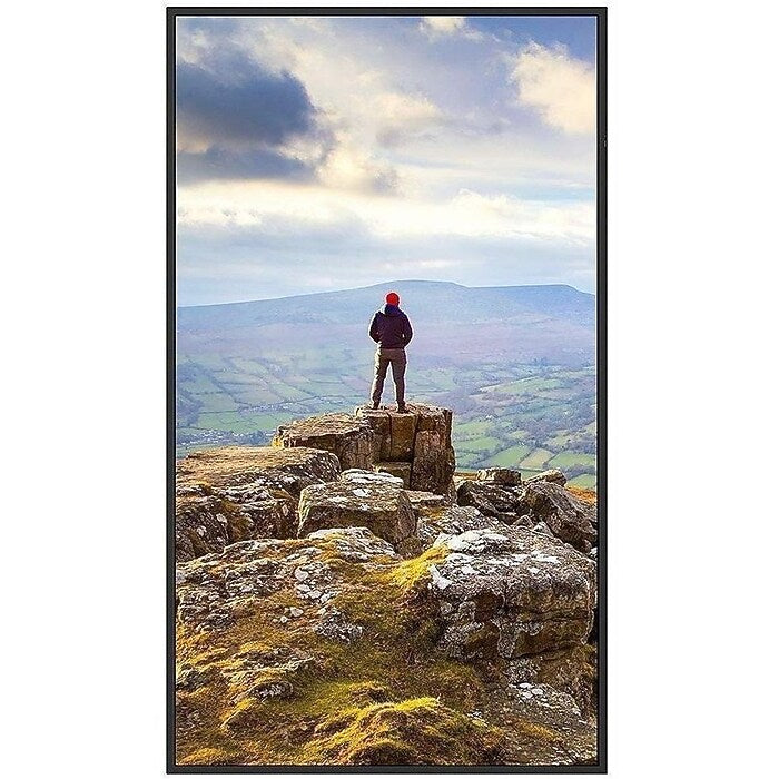 A Sharp 50″ 4K UHD Professional Display mounted vertically showing a person standing on a rocky cliff overlooking a vast landscape.