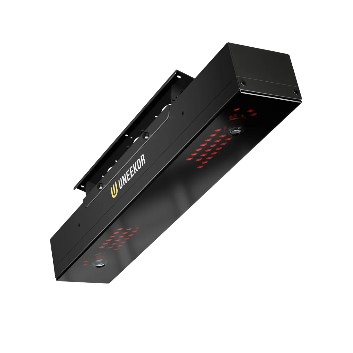 Black ceiling-mounted Uneekor EYE XR Launch Monitor with two lens arrays illuminated by red indicator lights.