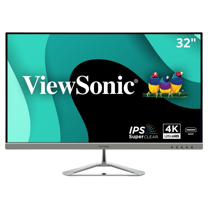 ViewSonic 32″ 4K Entertainment PC Monitor displaying a teal and black abstract graphic with three birds and icons for IPS, 4K Ultra HD, and HDMI connectivity.