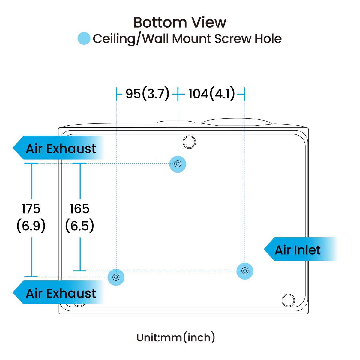 Technical bottom view diagram of the BenQ AK800ST 4K Short-Throw Laser Golf Simulator Projector, indicating ceiling or wall mount screw hole locations, air inlets, air exhausts, and precise measurements in millimeters and inches.