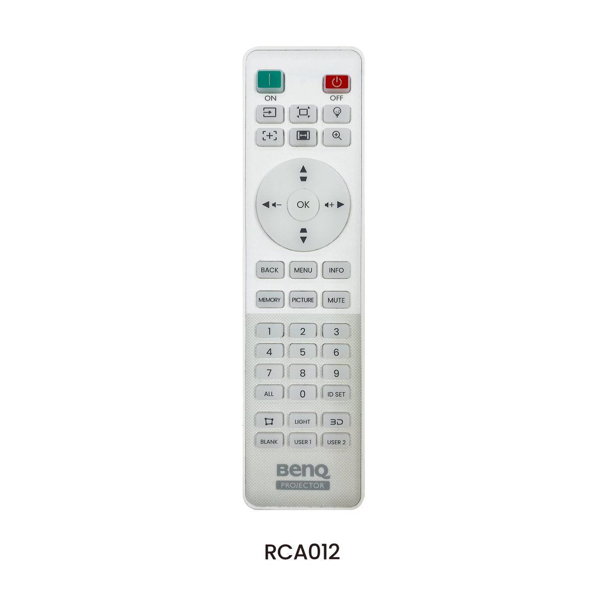 Remote control for a BenQ AK800ST 4K Short-Throw Laser Golf Simulator Projector featuring power, menu, navigation, and numeric buttons.