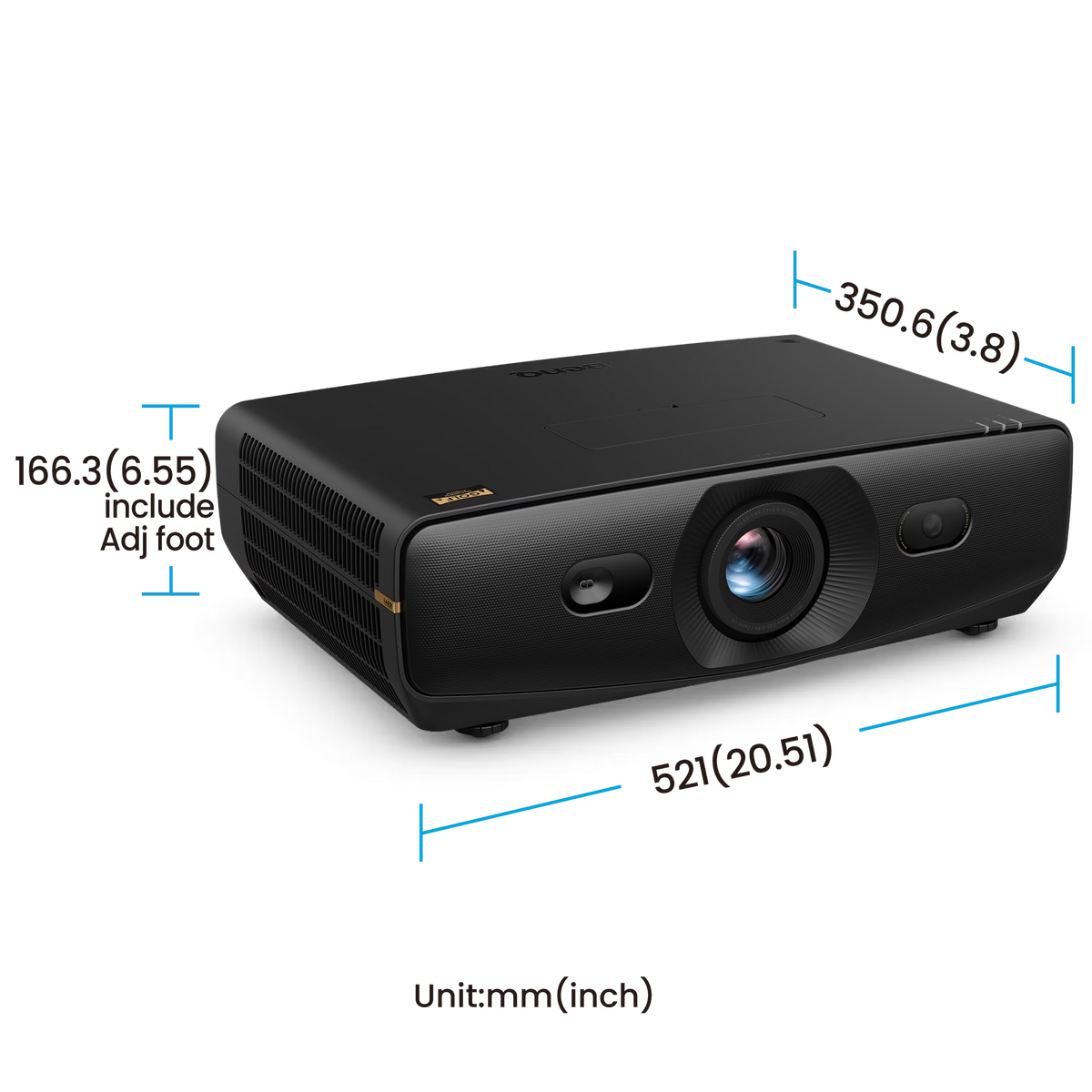 Black BenQ AK900ST 4K Short-Throw Laser Golf Simulator Projector with a front-facing lens and measurement lines indicating its height, width, and depth in millimeters and inches.