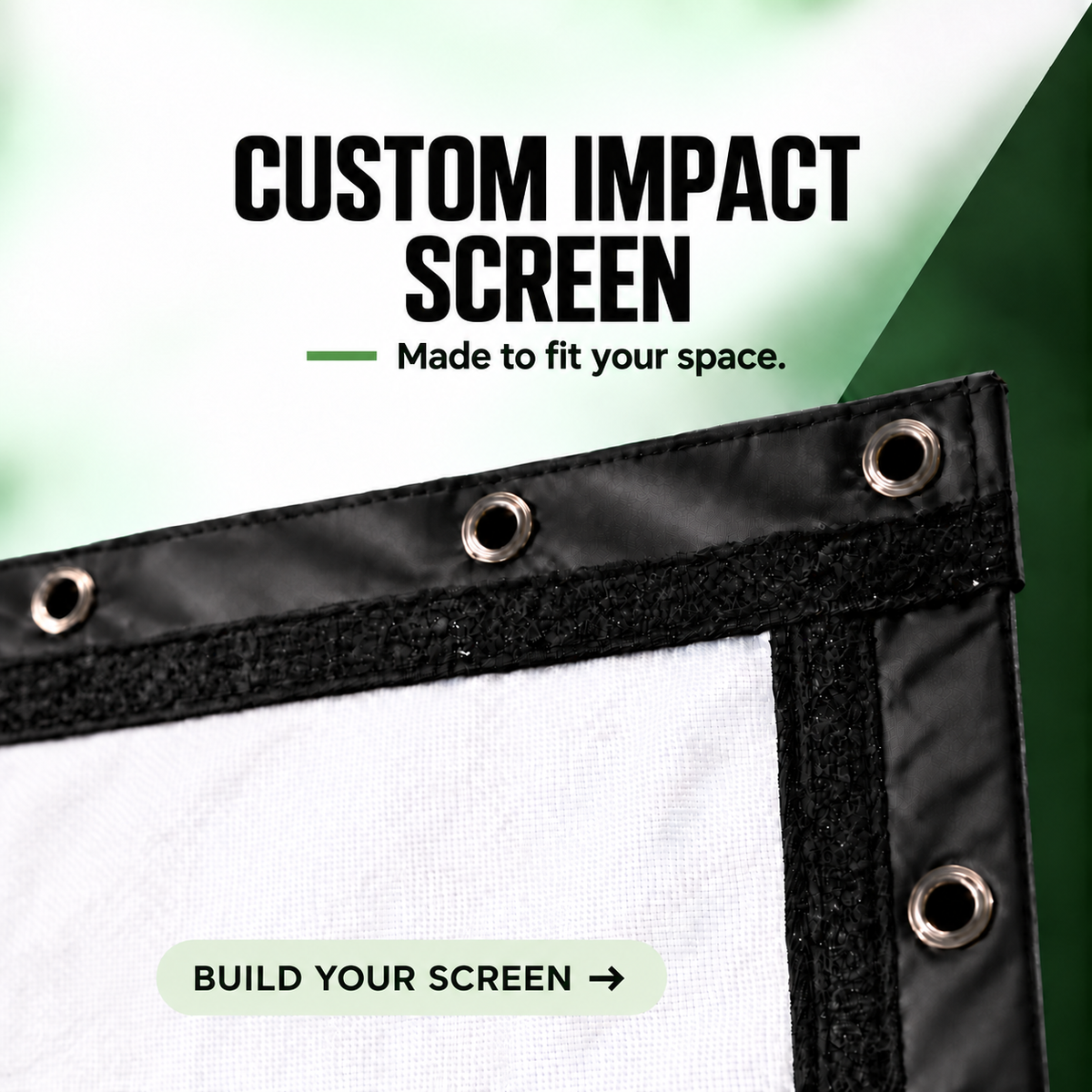 A white Custom Size Golf Impact Screen with black borders and metal grommets, featuring the text Custom Impact Screen. Made to fit your space. and a Build your screen button.