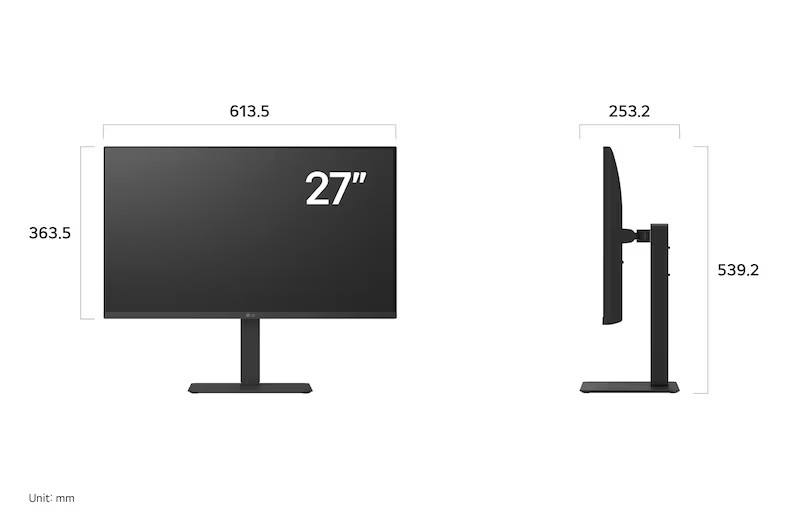 Front and side views of the LG 27″ UltraFine UHD 4K IPS computer monitor with dimension labels in millimeters.