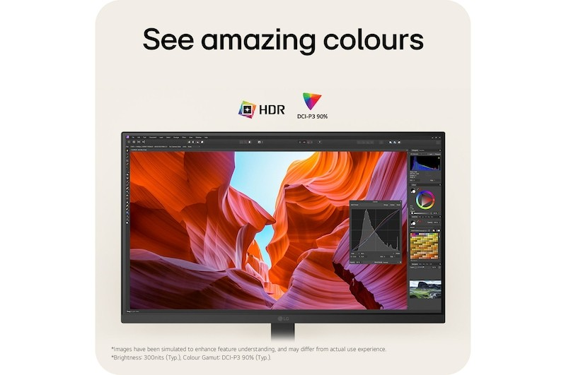 An LG 27″ UltraFine UHD 4K IPS computer monitor displays a red canyon, with HDR and DCI-P3 90% icons above the screen and text that reads See amazing colours.