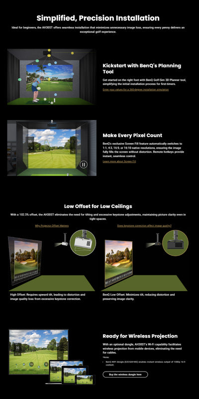 BenQ AH30ST 3000-Lumen Short Throw 1080P LED Golf Simulator Projector