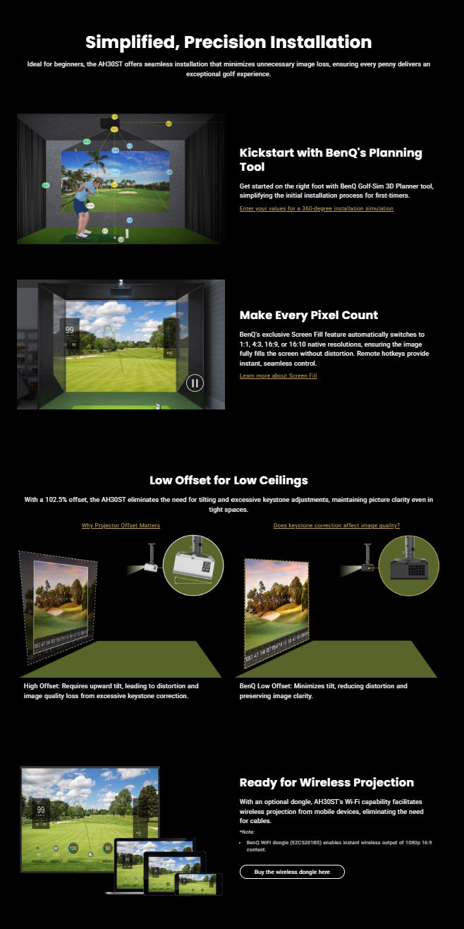 BenQ AH30ST 3000-Lumen Short Throw 1080P LED Golf Simulator Projector