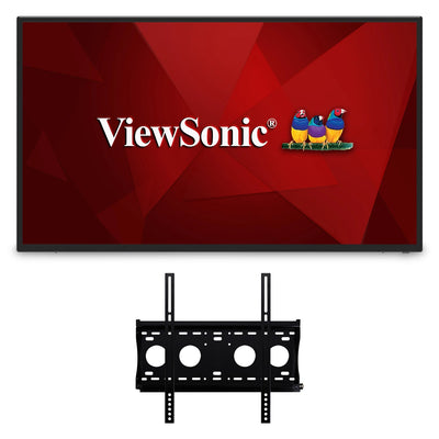 A ViewSonic ViewBoard 43′’ 4K Ultra HD Commercial Display shows a red background with the brand logo and three small birds, paired with a black metal wall-mount bracket below.