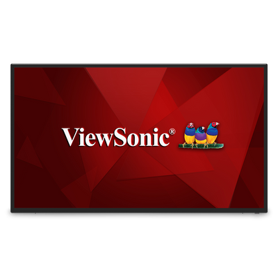 ViewSonic ViewBoard 43′’ 4K Ultra HD Commercial Display showing a red geometric background with a brand logo and three small birds perched on a branch.