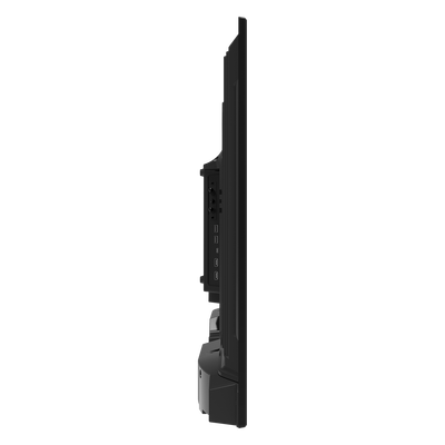 Side profile of a slim black ViewSonic ViewBoard 43′’ 4K Ultra HD Commercial Display showing the panel of ports on the rear.