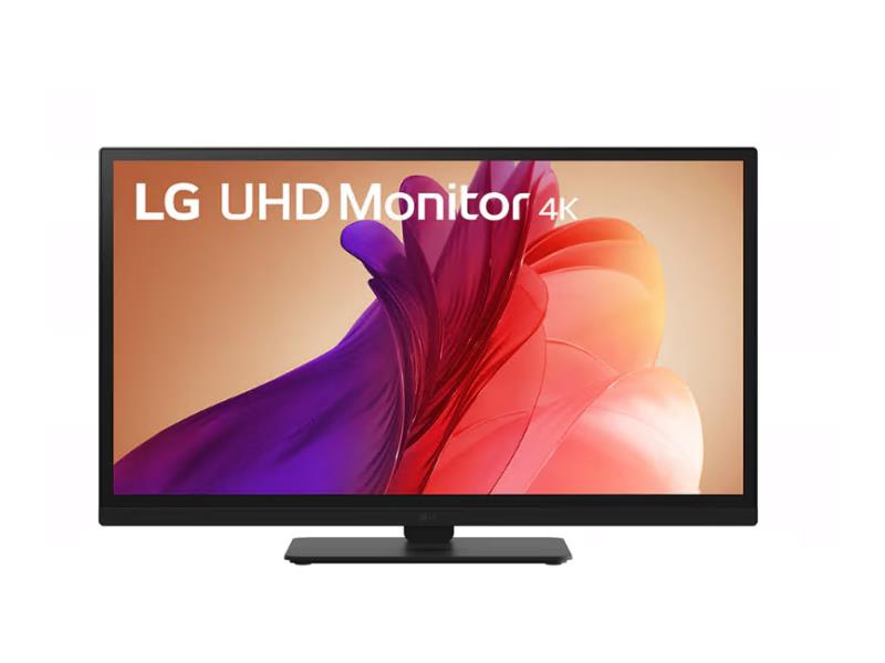 The LG 27″ UltraFine UHD 4K IPS computer monitor features a black frame and stand, displaying an abstract colorful floral graphic and the text UHD 4K resolution.