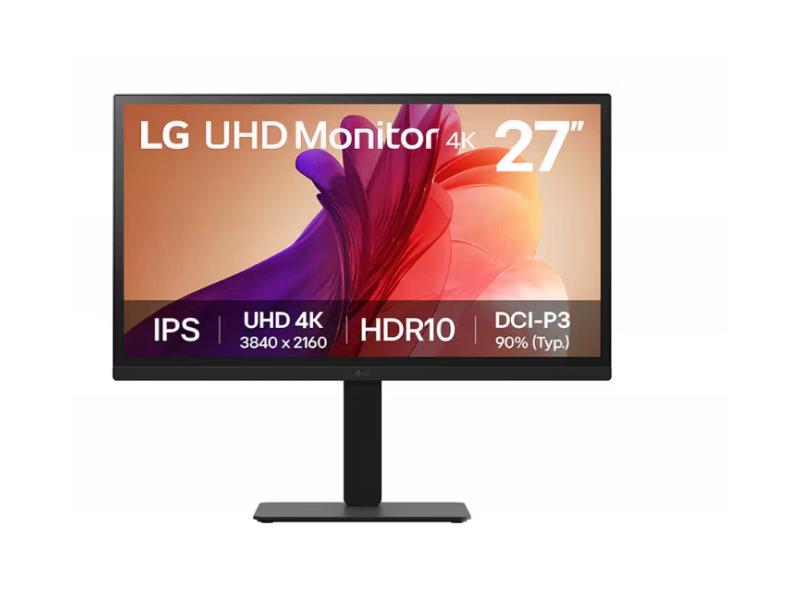 LG 27″ UltraFine UHD 4K IPS computer monitor displaying a colorful abstract graphic with text including UHD 4K, HDR10, and DCI-P3 90%.