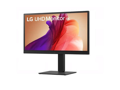 An LG 27″ UltraFine UHD 4K IPS computer monitor on a stand displaying an abstract, colorful graphic and the text LG UHD Monitor 4K.