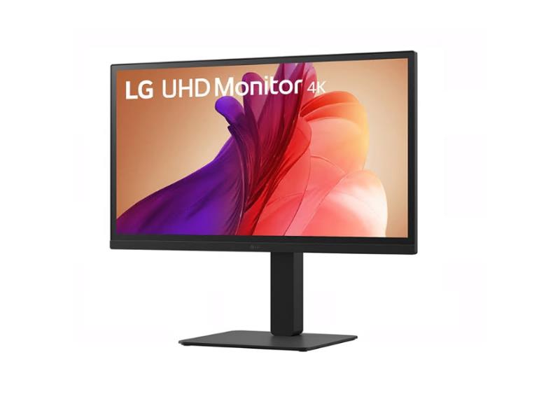 An LG 27″ UltraFine UHD 4K IPS computer monitor on a stand displaying an abstract, colorful graphic and the text LG UHD Monitor 4K.