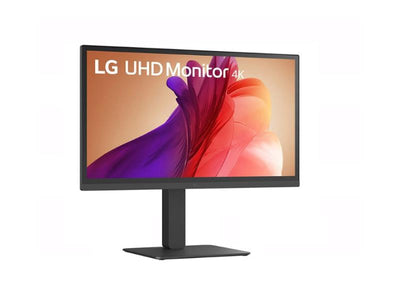 An LG 27″ UltraFine UHD 4K IPS computer monitor on a stand displaying an abstract, colorful image and the text LG UHD Monitor 4K.