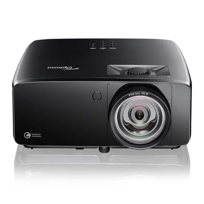 Black Optoma Golf Sim ZK521ST-B True 4K UHD Short Throw 5,000 Lumens Laser Projector with a large lens on the right, control buttons on top, and a sustainability logo on the front.