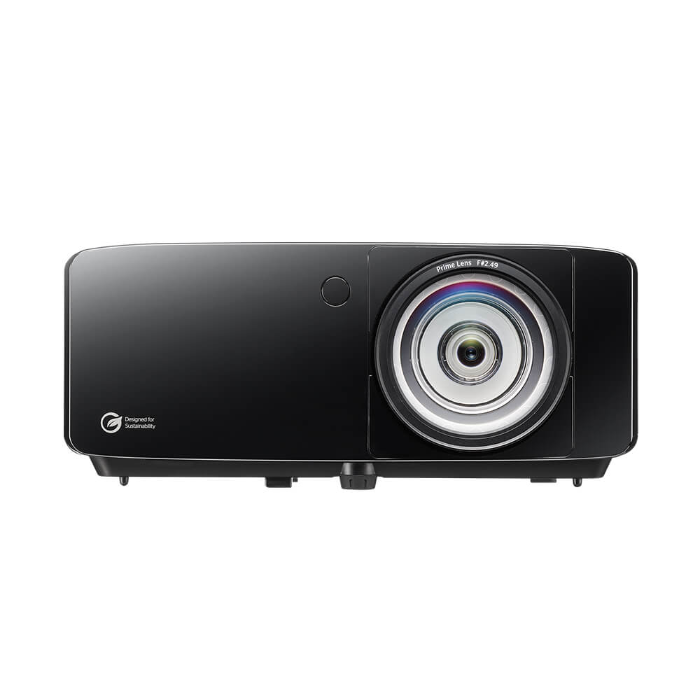 Black Optoma Golf Sim ZK521ST-B True 4K UHD Short Throw 5,000 Lumens Laser Projector with a large off-center lens and a small sustainability logo on the front panel.