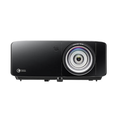 Black Optoma Golf Sim ZK521ST-B True 4K UHD Short Throw 5,000 Lumens Laser Projector with a large off-center lens and a small sustainability logo on the front panel.