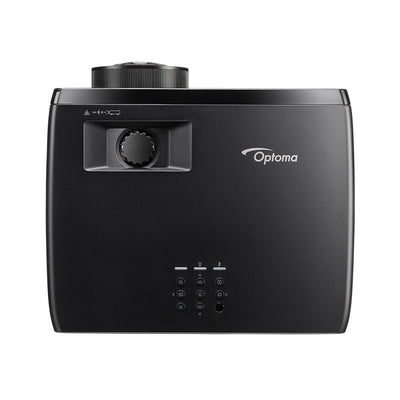 The Optoma Golf Sim ZK521ST-B True 4K UHD Short Throw 5,000 Lumens Laser Projector is a black short throw 4K projector with a top-mounted lens, control buttons, and the brand name on the front.