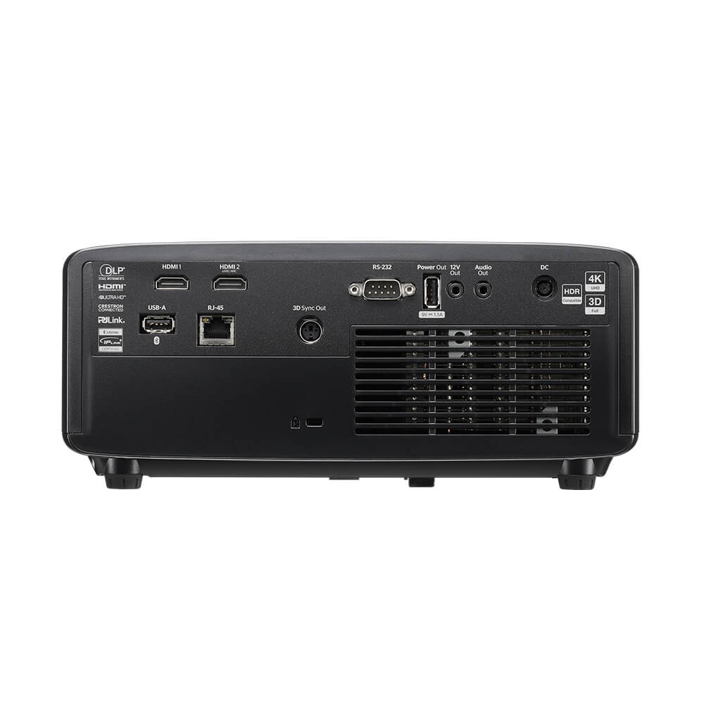 The back panel of the Optoma Golf Sim ZK521ST-B True 4K UHD Short Throw 5,000 Lumens Laser Projector, showing connection ports including HDMI, USB, ethernet, and audio inputs.