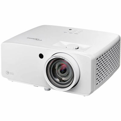 White Optoma Golf Sim ZK521ST-B True 4K UHD Short Throw 5,000 Lumens Laser Projector with a large front-facing lens and top-mounted control buttons.