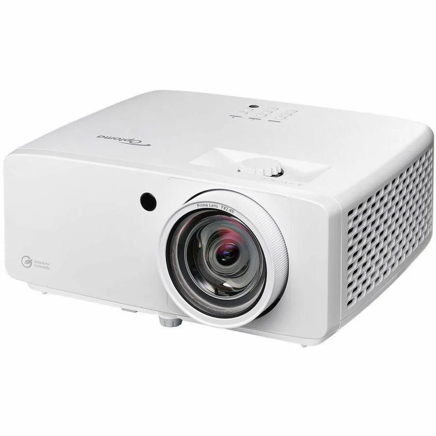 White Optoma Golf Sim ZK521ST-B True 4K UHD Short Throw 5,000 Lumens Laser Projector with a large front-facing lens and top-mounted control buttons.