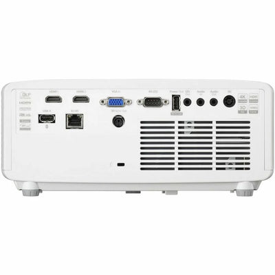 Rear panel of a white Optoma Golf Sim ZK521ST-B True 4K UHD Short Throw 5,000 Lumens Laser Projector featuring a variety of input and output ports, including multiple HDMI ports, VGA, USB, audio jacks, and a central cooling vent.