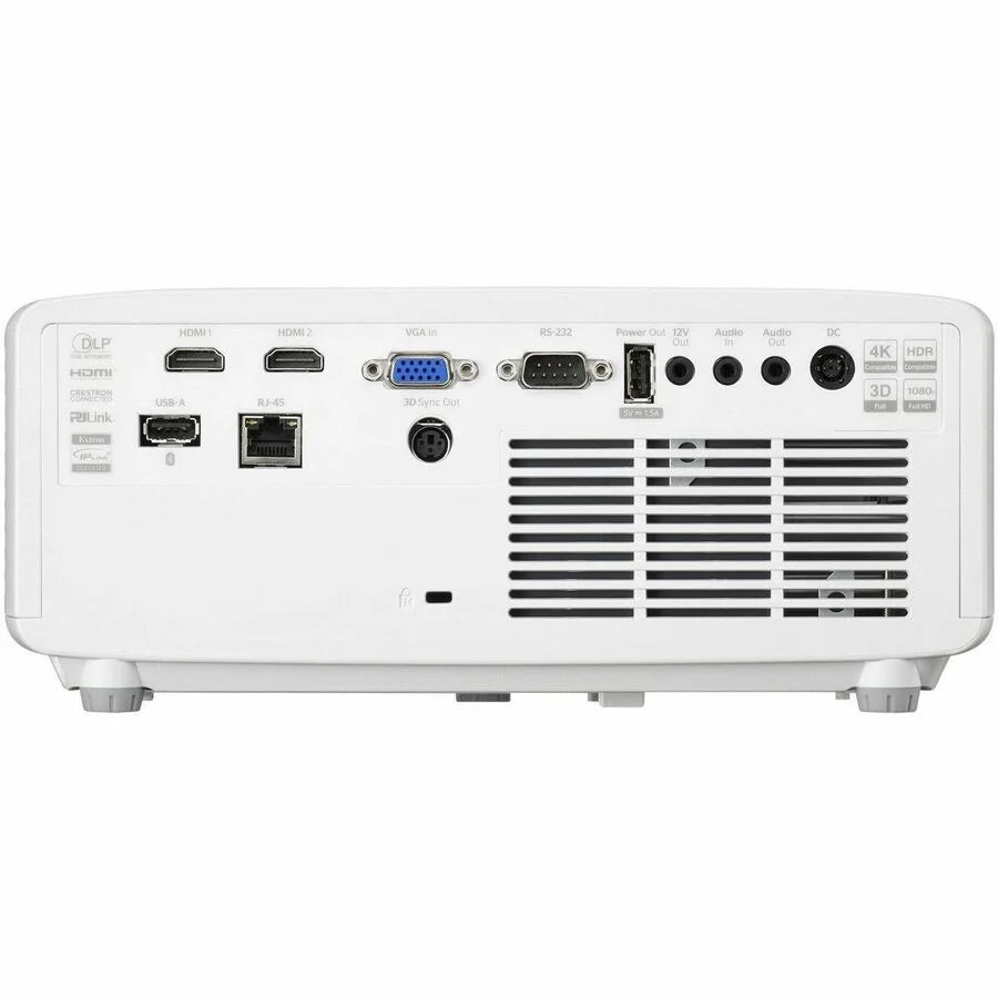 Rear panel of a white Optoma Golf Sim ZK521ST-B True 4K UHD Short Throw 5,000 Lumens Laser Projector featuring a variety of input and output ports, including multiple HDMI ports, VGA, USB, audio jacks, and a central cooling vent.