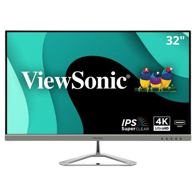 ViewSonic 32″ 4K Entertainment PC Monitor displaying a teal and black abstract graphic with three birds and icons for IPS, 4K Ultra HD, and HDMI connectivity.