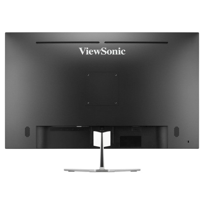 Back view of a ViewSonic 32″ 4K Entertainment PC Monitor, featuring a frameless design on a thin silver stand with visible branding and connection ports at the base.