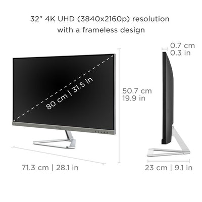 Front and side views of the ViewSonic 32″ 4K Entertainment PC Monitor, a frameless display with dimension labels indicating screen size, width, height, and depth.