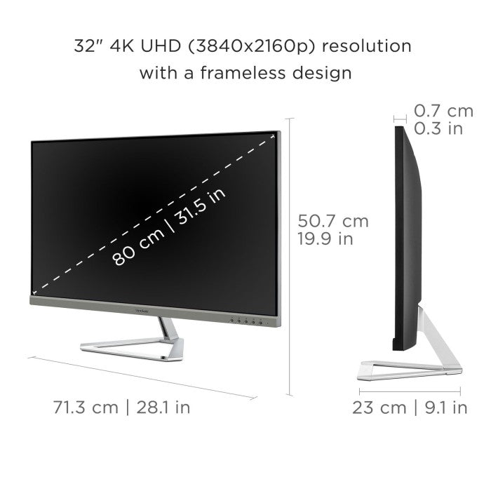Front and side views of the ViewSonic 32″ 4K Entertainment PC Monitor, a frameless display with dimension labels indicating screen size, width, height, and depth.