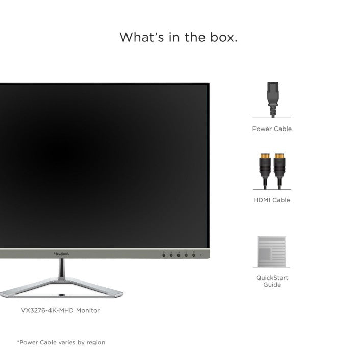 A ViewSonic 32″ 4K Entertainment PC Monitor shown alongside its included accessories: a power cable, an HDMI cable, and a quick-start guide.