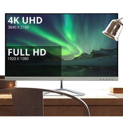 ViewSonic 32″ 4K Entertainment PC Monitor displaying a green aurora borealis, with overlays showing 4K UHD 3840 x 2160 and Full HD 1920 x 1080 resolution text.