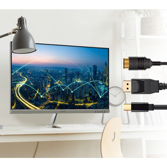 A ViewSonic 32″ 4K Entertainment PC Monitor displays a city skyline with digital network lines, shown next to three cable connectors.
