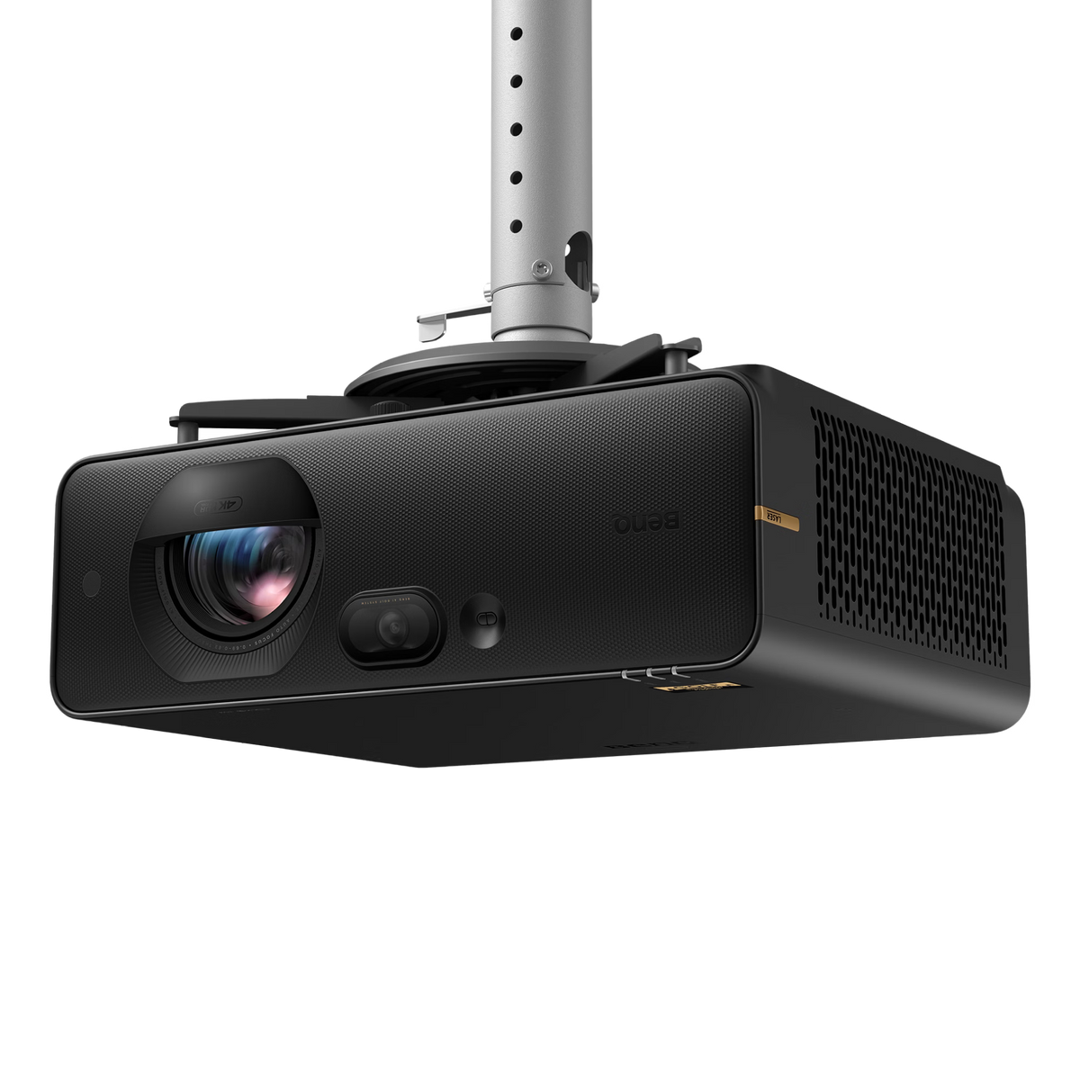 A black BenQ AK800ST 4K Short-Throw Laser Golf Simulator Projector mounted to a ceiling pole.