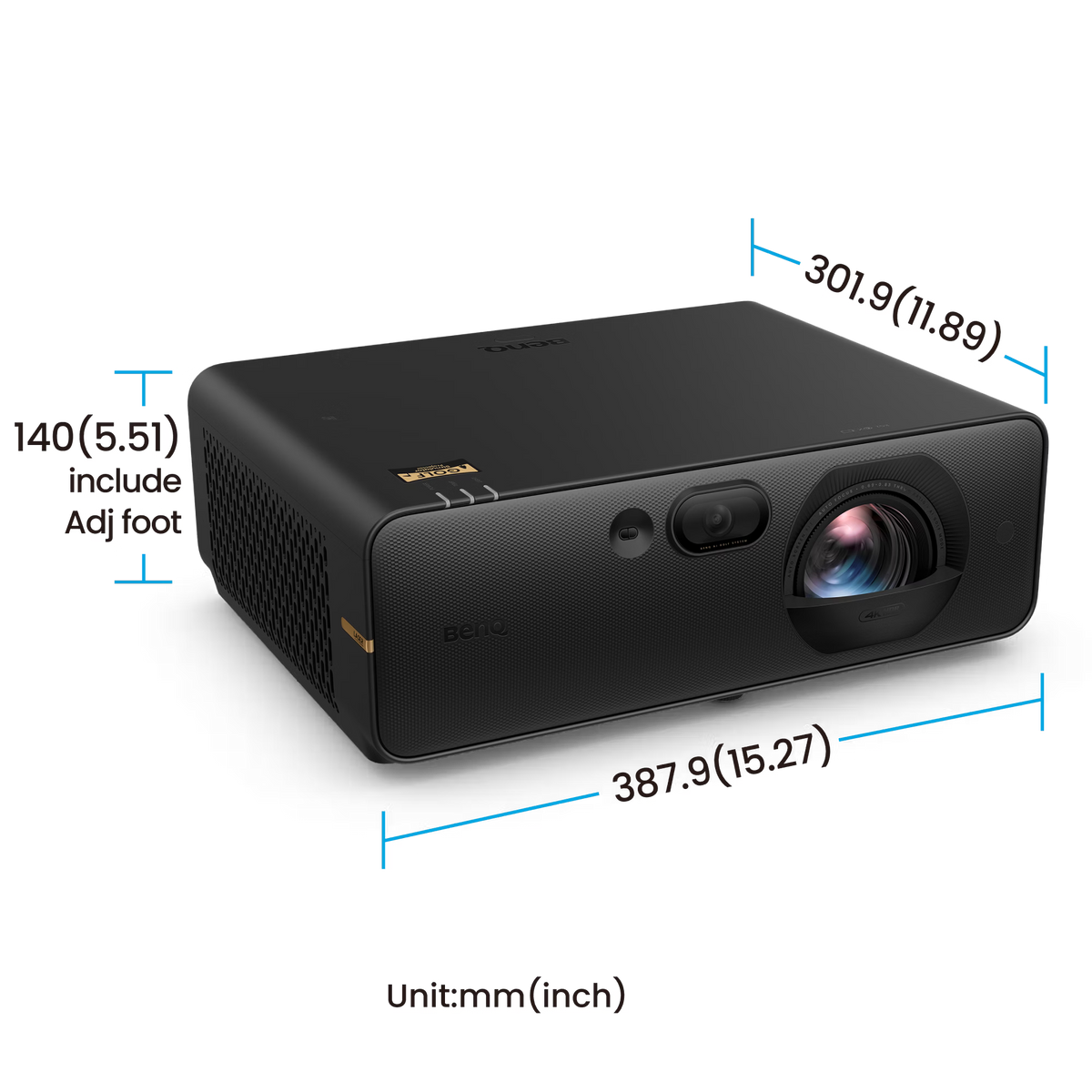 Black BenQ AK800ST 4K Short-Throw Laser Golf Simulator Projector shown with blue measurement lines and numerical dimensions in millimeters and inches.