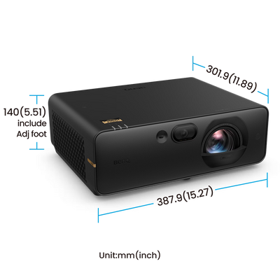 Black BenQ AK800ST 4K Short-Throw Laser Golf Simulator Projector shown with blue measurement lines and numerical dimensions in millimeters and inches.