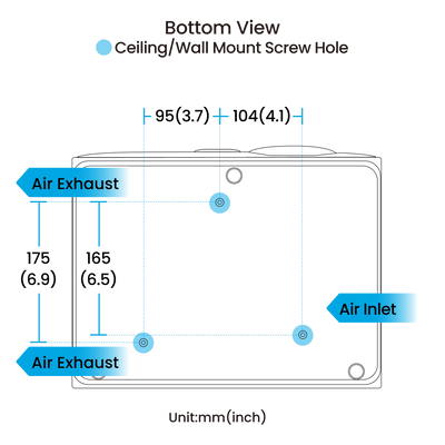 Technical bottom view diagram of the BenQ AK800ST 4K Short-Throw Laser Golf Simulator Projector, indicating ceiling or wall mount screw hole locations, air inlets, air exhausts, and precise measurements in millimeters and inches.