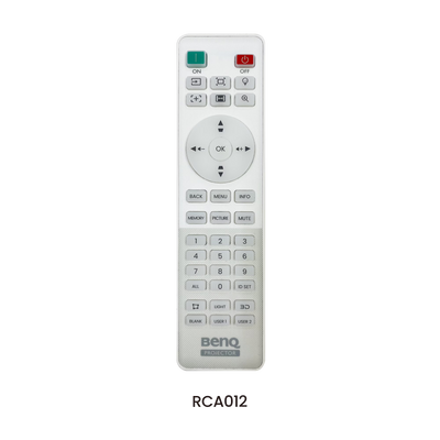 Remote control for a BenQ AK800ST 4K Short-Throw Laser Golf Simulator Projector featuring power, menu, navigation, and numeric buttons.