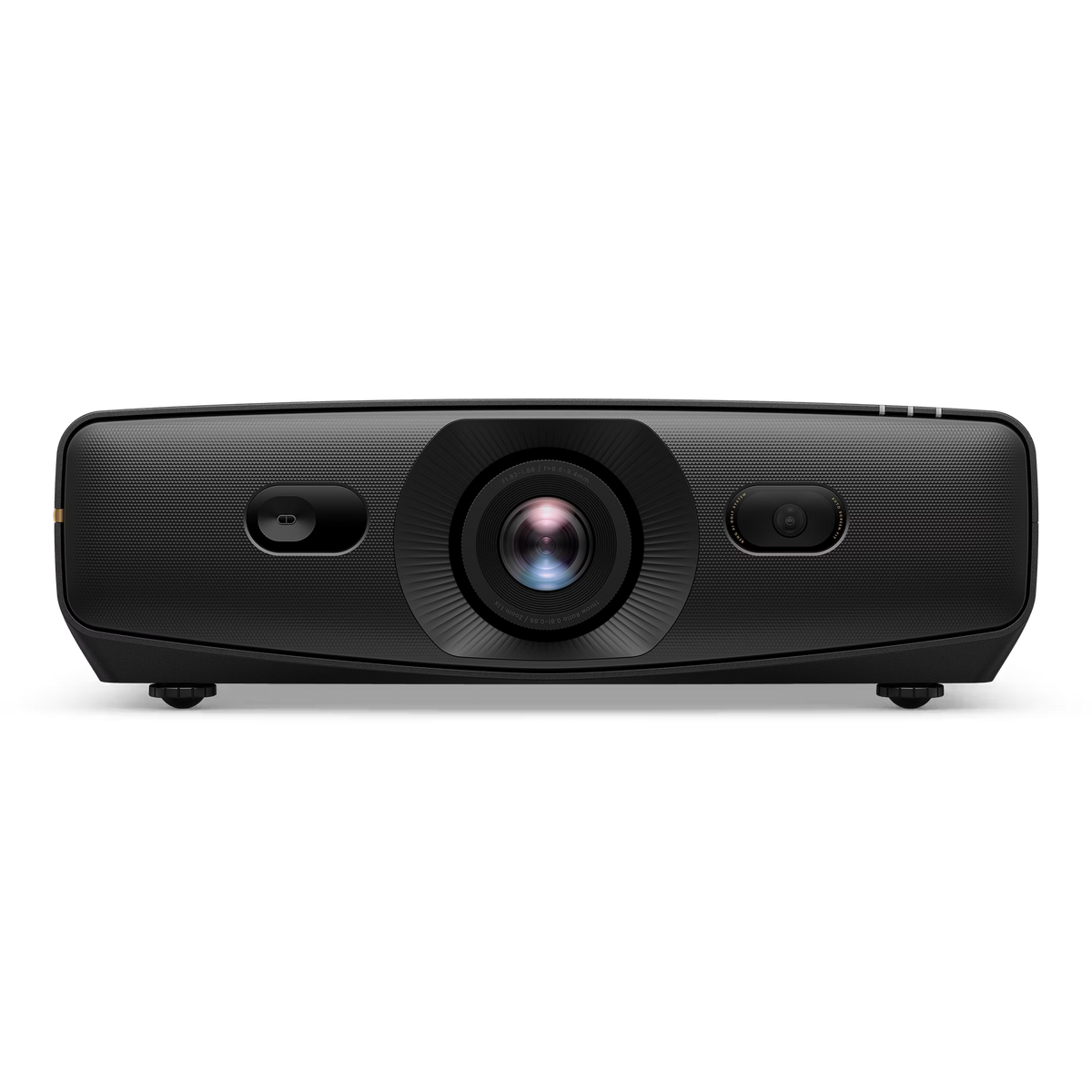 Front view of the black BenQ AK900ST 4K Short-Throw Laser Golf Simulator Projector with a central lens flanked by two smaller sensors.
