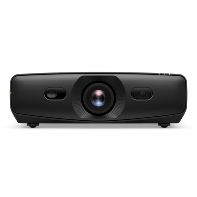 Front view of the black BenQ AK900ST 4K Short-Throw Laser Golf Simulator Projector with a central lens flanked by two smaller sensors.