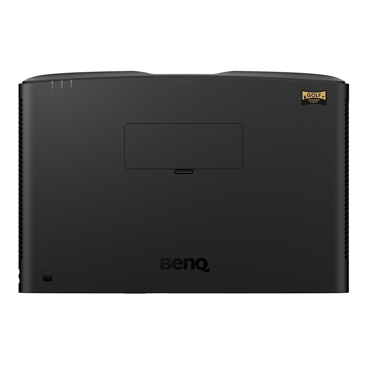Top-down view of a black BenQ AK900ST 4K Short-Throw Laser Golf Simulator Projector – 6,000 Lumens with a Golf Simulator Projector sticker in the corner.
